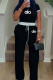 Black Casual Letters Lace Up O Neck Short Sleeve Two Pieces