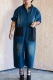 Blue Casual Solid Color Pocket Buckle Turndown Collar Short Sleeve Loose Denim Jumpsuits