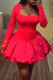 Red Elegant Solid Color Square Neck Bud Dresses
