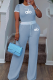 Sky Blue Casual Letters Lace Up O Neck Short Sleeve Two Pieces