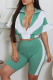 Green Casual Zipper Contrast Zipper Collar Short Sleeve Two Pieces