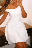 White Sexy Solid Color Flower Shape Oblique Collar A Line Dresses