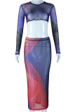 Blue Red Elegant Print O Neck Long Sleeve Two Pieces