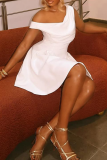 White Sexy Solid Color Flower Shape Oblique Collar A Line Dresses