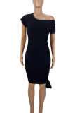 Black Sexy Solid Color Strap Design V Neck Wrapped Skirt Dresses
