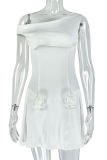 White Sexy Solid Color Flower Shape Oblique Collar A Line Dresses
