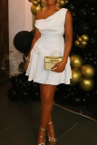 White Sexy Solid Color Flower Shape Oblique Collar A Line Dresses