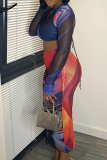 Blue Red Elegant Print O Neck Long Sleeve Two Pieces