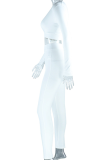 White Casual Daily Solid Color Patchwork Deep V Neck Long Sleeve Two Pieces