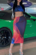 Blue Red Elegant Print O Neck Long Sleeve Two Pieces
