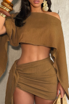 Brown Sexy Solid Color Ruched Irregular Oblique Collar Long Sleeve Two Pieces