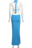 Blue Sexy Solid Color Hollow Out Deep V Neck Long Dresses