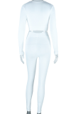 White Casual Daily Solid Color Patchwork Deep V Neck Long Sleeve Two Pieces