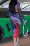 Blue Red Elegant Print O Neck Long Sleeve Two Pieces