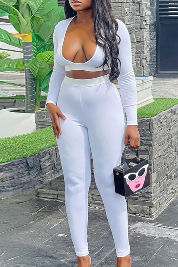 White Casual Daily Solid Color Patchwork Deep V Neck Long Sleeve Two Pieces