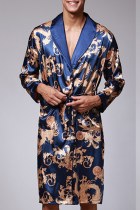 Royal Blue Daily Print Strap Design Turndown Collar Outerwear