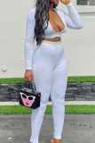 White Casual Daily Solid Color Patchwork Deep V Neck Long Sleeve Two Pieces