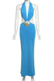 Blue Sexy Solid Color Hollow Out Deep V Neck Long Dresses