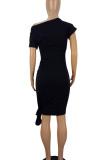 Black Sexy Solid Color Strap Design V Neck Wrapped Skirt Dresses