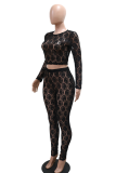 Black Sexy Solid Color Lace O Neck Long Sleeve Two Pieces