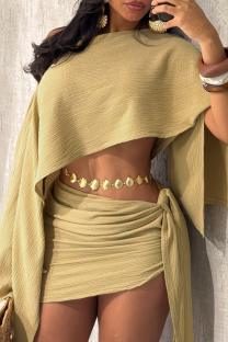 Khaki Sexy Solid Color Ruched Irregular Oblique Collar Long Sleeve Two Pieces