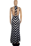 Black Sexy Stripe Backless O Neck Long Dresses