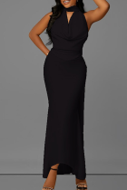 Black Elegant Solid Color Patchwork V Neck Long Dresses