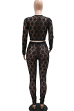 Black Sexy Solid Color Lace O Neck Long Sleeve Two Pieces