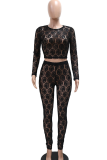 Black Sexy Solid Color Lace O Neck Long Sleeve Two Pieces