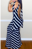 Black Sexy Stripe Backless O Neck Long Dresses