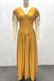 Yellow Elegant Solid Color Draw String V Neck Long Dresses