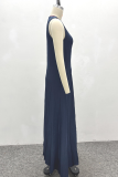 Navy Blue Casual Solid Color Pocket Zipper Zipper Collar Long Dresses