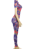 Green Sexy Print Backless O Neck Skinny Jumpsuits