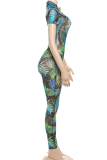 Green Sexy Print Backless O Neck Skinny Jumpsuits
