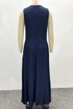 Navy Blue Casual Solid Color Pocket Zipper Zipper Collar Long Dresses
