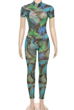 Green Sexy Print Backless O Neck Skinny Jumpsuits