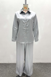 Grey Casual Solid Color Buckle Turndown Collar Long Sleeve Two Pieces
