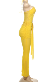 Yellow Sexy Solid Color Hollow Out Backless Halter Regular Jumpsuits