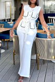 White Casual Pocket Strap Design Contrast O Neck Sleeveless Two Pieces