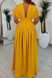 Yellow Elegant Solid Color Draw String V Neck Long Dresses