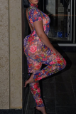 Green Sexy Print Backless O Neck Skinny Jumpsuits