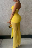 Yellow Sexy Solid Color Hollow Out Backless Halter Regular Jumpsuits