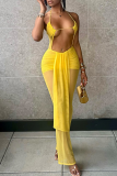 Yellow Sexy Solid Color Hollow Out Backless Halter Regular Jumpsuits