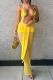 Yellow Sexy Solid Color Hollow Out Backless Halter Regular Jumpsuits