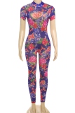 Green Sexy Print Backless O Neck Skinny Jumpsuits