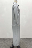 Grey Casual Solid Color Buckle Turndown Collar Long Sleeve Two Pieces