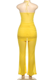 Yellow Sexy Solid Color Hollow Out Backless Halter Regular Jumpsuits