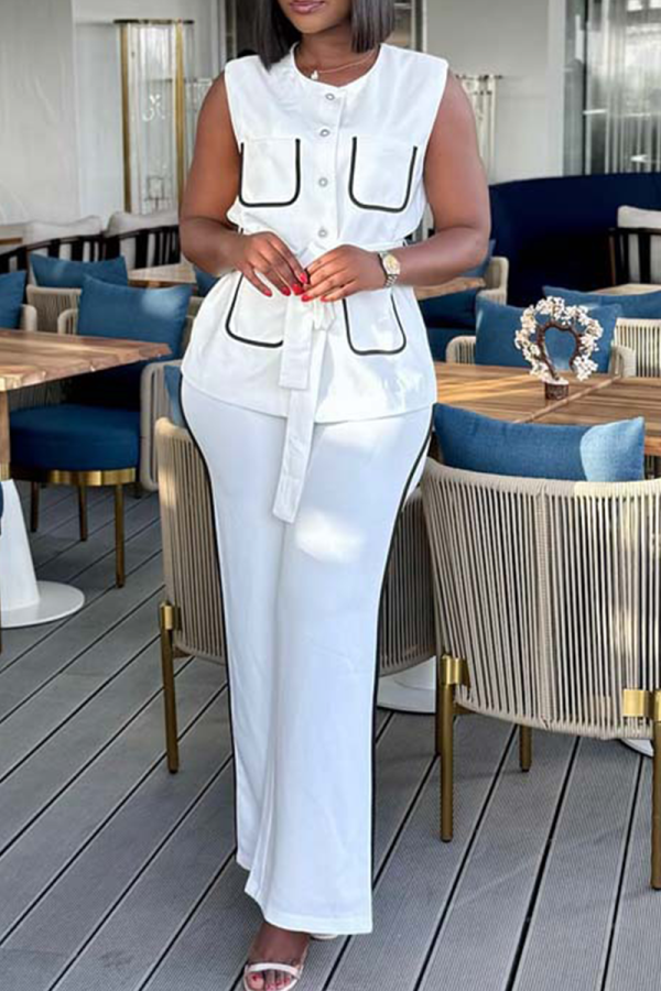 White Casual Pocket Strap Design Contrast O Neck Sleeveless Two Pieces