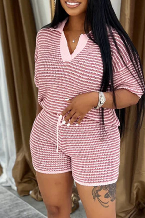 Pink Casual Stripe Lace Up Turndown Collar Short Sleeve Two Pieces