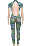 Green Sexy Print Backless O Neck Skinny Jumpsuits